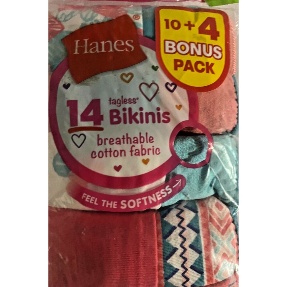 Hanes Girls' Tagless Bikinis, 10+4 Bonus Pack (14 Pack) No Ride Up! Fun Designs! - Picture 5 of 5